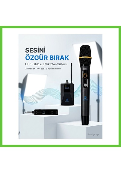 Bezos Uhf Kablosuz Mikrofon Seti El Yaka Ve Boyun Mikrofonlu 6.5mm Alıcılı 3.5mm Çeviricili Profesyonel Dmc
