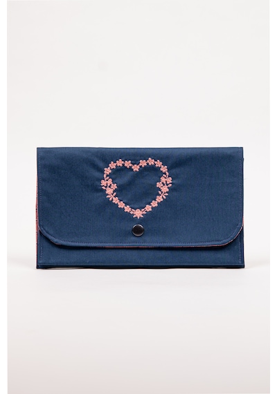 Fabric Craft Bag Kadın Cüzdan Nakışlı Kumaş Çıtçıtlı İki Bölmeli 22x13 Cm Lacivert-pembe