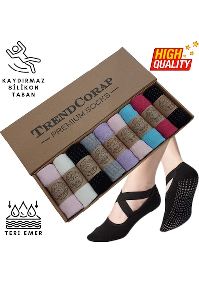 Trendcorap Premium Kadın Kaydırmaz Silikon Baskı Tabanlı Pilates Yoga Fitness Bale Dans Aktivite Çorabı 9'lu Renkli
