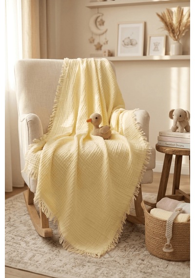 Müslin Püsküllü 4 Katlı Müslin Battaniye 90x120 Cm - Ze4katlı Sarı