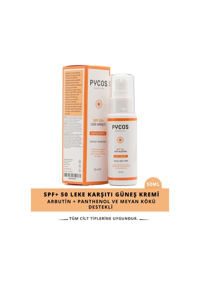 Pycos Cosmetıcs Spf 50 Leke Karşıtı Yüz Güneş Kremi 50ml, Tüm Cilt Tipleri Için