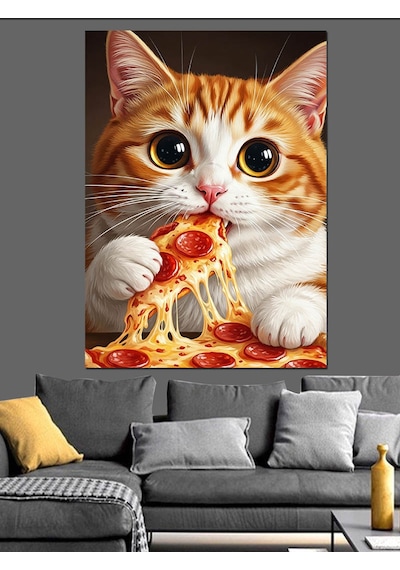 Pizza Yiyen Sevimli Kedi Dekoratif Kanvas - Mdf Ahşap Tablo