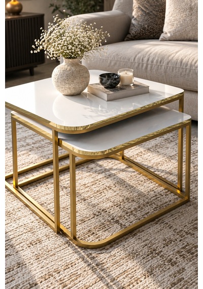 Sulorahome Damla İkili Orta Sehpa Seti Beyaz Ve Gold Altın - Beyaz