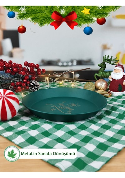 Yeşil Yılbaşı Sunum Tepsi 24 Cm, Servis Tepsisi, Kahve Tepsisi, Happy New Year Baskılı
