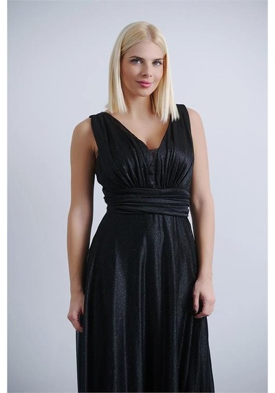 Neşeli Butik Kadın V Yaka Simli Tül Abiye Elbise Nbs9223 Siyahh