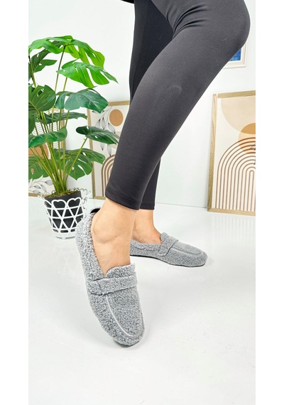 Günlük Kadın Loafer Peluş Astarlı Oval Burunlu Alçak Desenli Tabanlı Ayakkabı 375 Gri