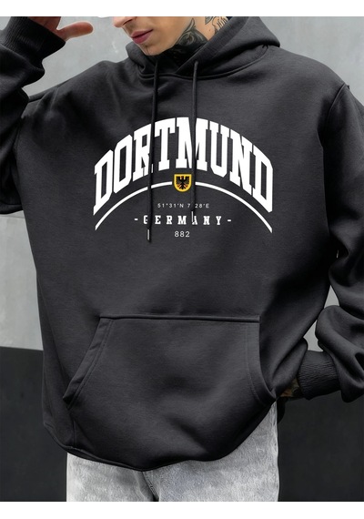 Tarzsokak Dortmund Almanya Mektup Desen Sonbahar Hoody Erkekler Rahat Büyük Boy Kapüşonlular Moda Polar Antrasit
