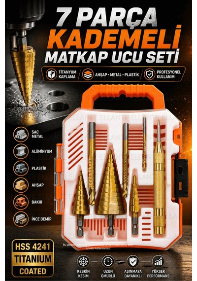 7 Parça Kademeli Matkap Ucu Seti Titanyum Kaplama Hss Sac Metal Ahşap Plastik Delici Uç Seti