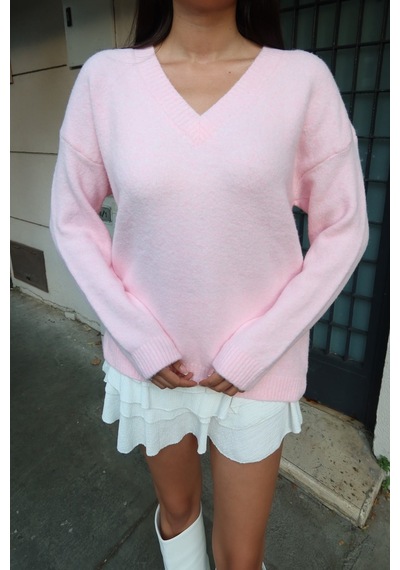 Kechi Woman V Yaka Oversize Triko Kazak Pembe