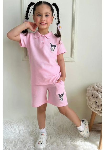 Lillypicca Kız Çocuk Waffle Kumaş Polo Yaka 2'li Şortlu Takım - 1046 Lila