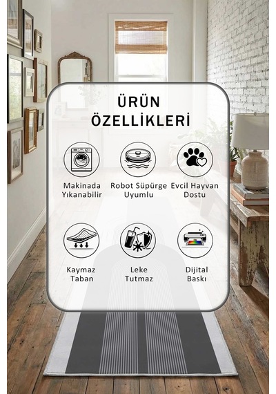 Gri Dijital Baskılı Kaymaz Yıkanabilir Yolluk