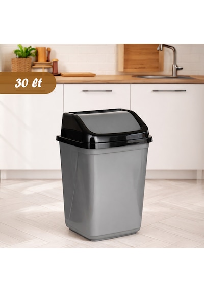 Porsima 0098 Kapaklı Gri-siyah Çöp Kutusu - Favori Banyo Ve Mutfak Çöp Kovası 30lt Gri