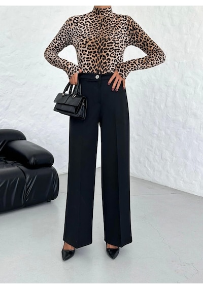 Defymoda 230 Gr Poly Viscose Lycra Metal Düğme Palazzo Pantolon Siyah