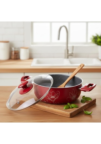 Lotus 22 Cm Derin Tencere - Kırmızı Üzeri Beyaz Çiçek Desenli Cam Kapaklı