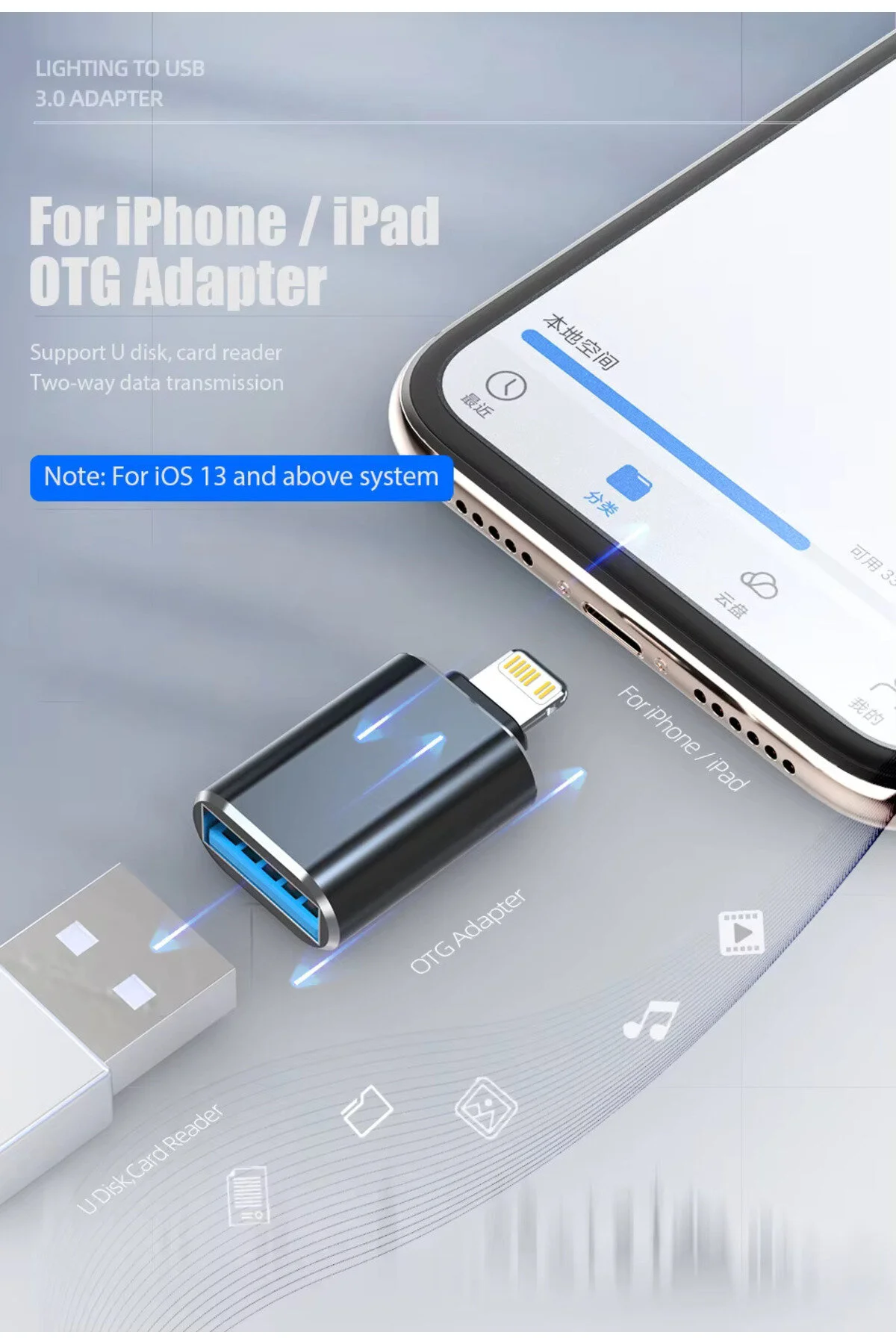 Usb 3.0 Otg Adaptörü 13 12 11 Pro Xs Max Xr X 8 Artı 7 6s Apple iPad Uyumlu  Ios Erkek - Usb Dişi Adaptör