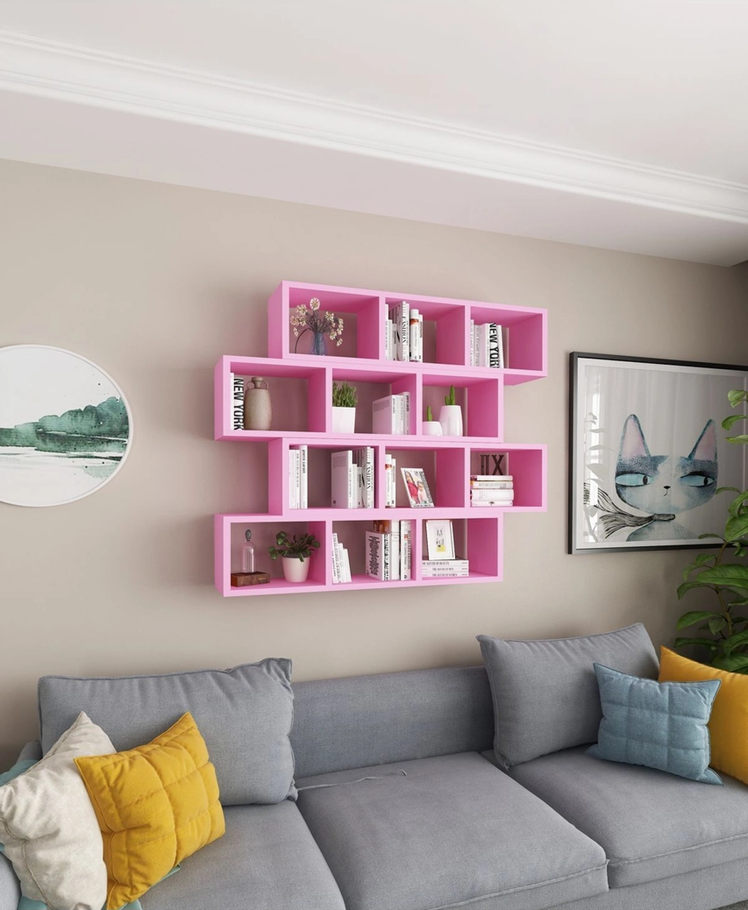 Kitaplık Modern Duvar Rafı Salon Yatay 4 Lü Takım Pembe Pembe