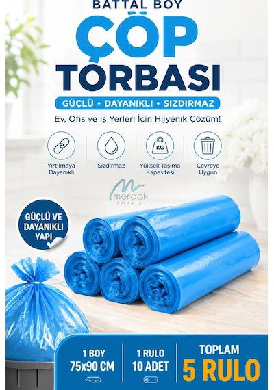 Çöp Torbası Battal Boy 10'lu X 5 Rulo Mavi Çöp Poşeti 75x90 Cm