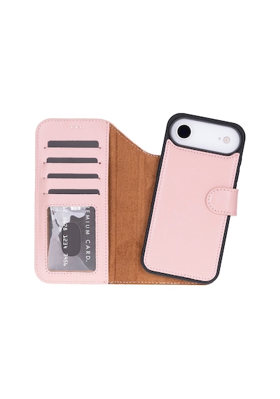 Bloomcase Magic Wallet Blush Hakiki Deri Apple Uyumlu iPhone 17 Air 6.5" Cüzdanlı Telefon Kılıfı Pembe