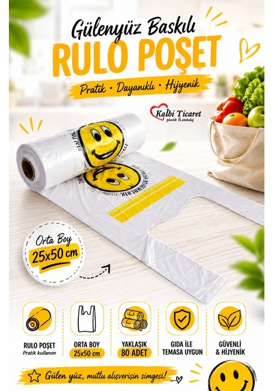 Rulo Poşet Orta Boy Gülenyüz Baskılı Poşet Hışır Atlet Poşet Market Manav Poşeti Beyaz Poşet