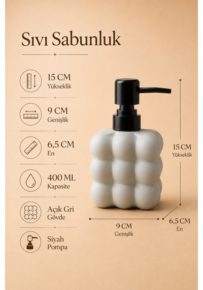 Modern Bubble Sıvı Sabunluk 400 Ml Siyah Pompalı Kabarcık Desenli Banyo Ve Mutfak Tezgâh Üstü Dispenser - 15 Cm X 9 Cm X 6,5 Cm Gri