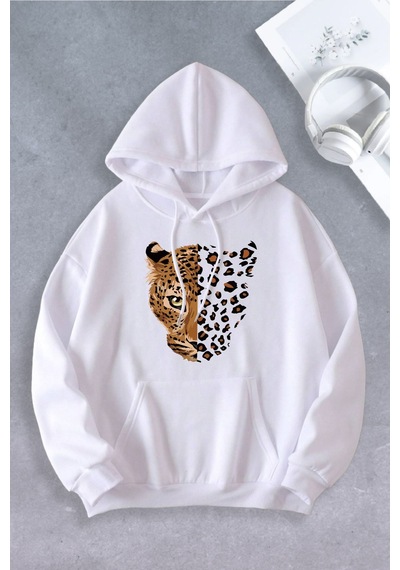 Ciel Lune Nevermind Unisex Kadın Erkek Leopar Oversize Sweatshirt Beyaz Beyaz