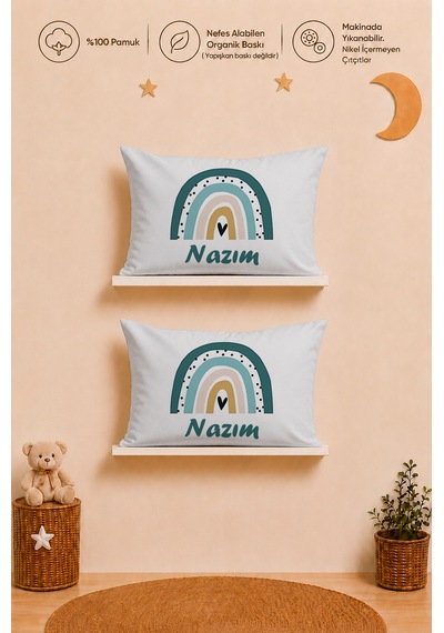 İsme Özel Erkek Bebek Hediyesi 2 Adet 35x45 %100 Pamuk Yastık Kılıfı Ve Ham Bez Bebek Kıyafet Kesesi 1092y2k0x