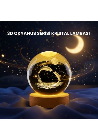 Yunus Figürlü Led Kristal Küre Ahşap Standlı Dekoratif Gece Lambası -