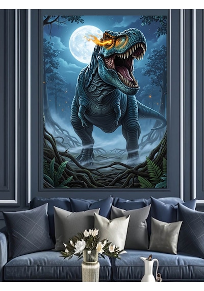 Ahşap Tablo Dolunayda Kükreyen Dinozor Rex