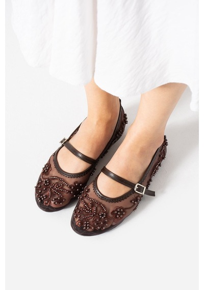 Dabab Shoes Flora Kadın Acı Kahve İnci İşlemeli Tül Dokulu Bantlı Babet Düz Ayakkabı Kahverengi