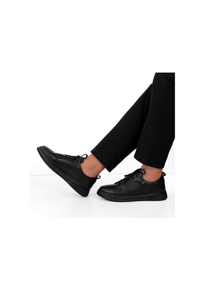 Erkek Siyah Bağcıklı Baskılı Deri Sneaker