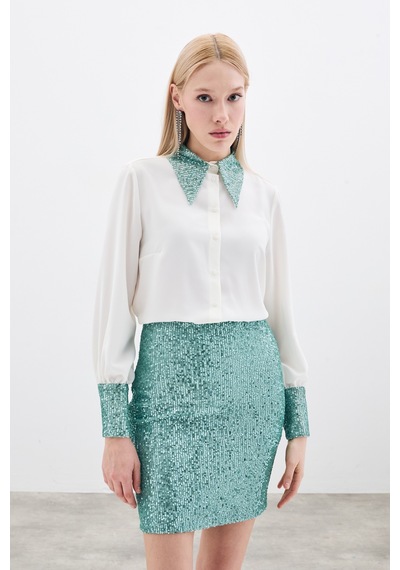 Sateen Payet Detaylı Gömlek - Ekru-mint-135659 Ekru-mint Ekru - Mint
