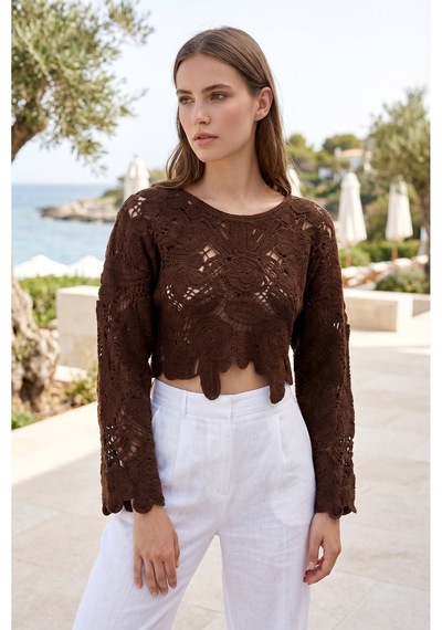 Sayzen Your Shine Dantel Işleme Crop Bluz Sy-shn04 Kahverengi
