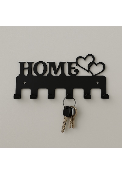Lunoart Home Yazılı Kalpli Metal Anahtarlık Askısı Duvar Tipi Anahtar Organizer Siyah