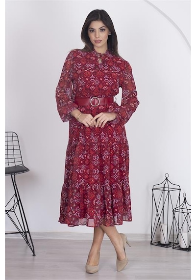 Dipmoda Kadın Astarlı Etnik Desenli Şifon Elbise Rsdp002 - Bordo Bordo
