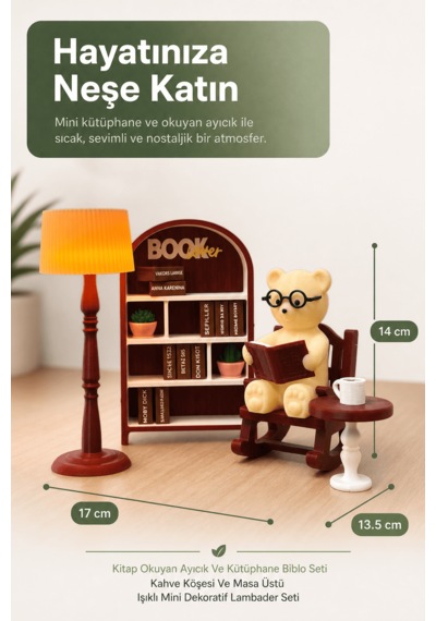 Kitap Okuyan Ayıcık Ve Kütüphane Biblo Seti - Kahve Köşesi Ve Masa Üstü Işıklı Mini Dekoratif Lambader Seti 11x15 Cm
