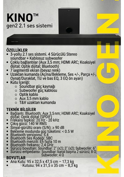 Kino Gen2 140w Rms Soundbar + Subwoofer 2.1 Hoparlör Bluetooth Hdmı Uzaktan Kumanda