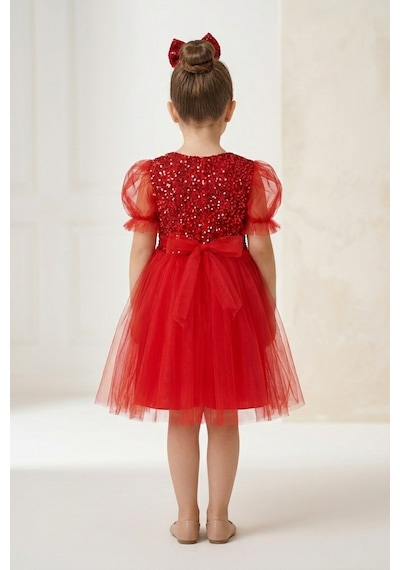 Mnk Baby & Kids Balon Kol Pul Payet Kız Çocuk Tütü Elbise M00751 Kırmızı