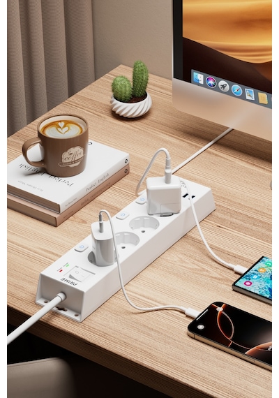 Fulltech Ftr-33 Akım Korumalı 4 Lü Çoklu Priz 3680w 16a, 1050j, 2 Usb-c Pd 20w + 2 Usb-a, Ayrı Ana 2 M
