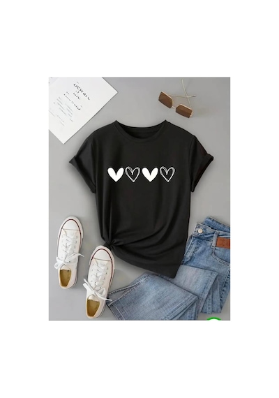 Medinenur Yan Yana Kalpler Baskılı Basic T-shirt Siyah