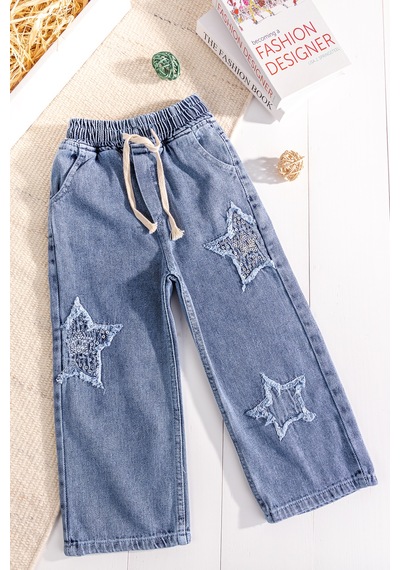 Babymod Yıldız Detaylı Beli Lastik Belli Bol Paca Denim Kız Çocuk Pantolon Mavi