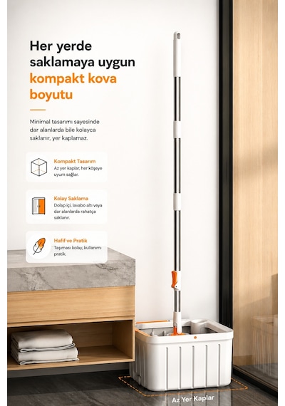Moppak Temiz Kirli Su Ayrımı Mikrofiber Kare Başlık Mop Temizlik Seti Beyaz