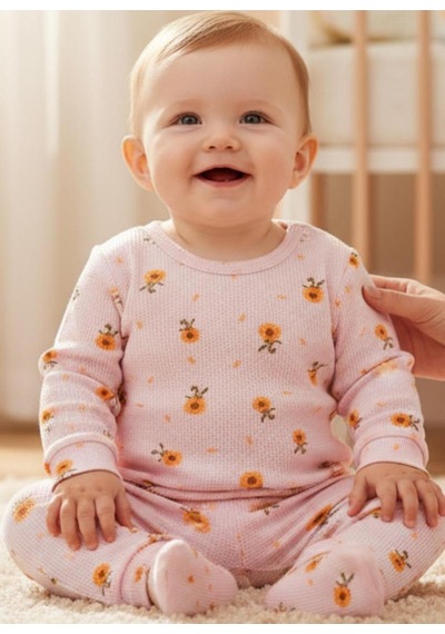 Altıntaş Baby Papatya Desenli Waffle Kumaş Oversize 2'li Kız Bebe Takımı Pembe Pembe