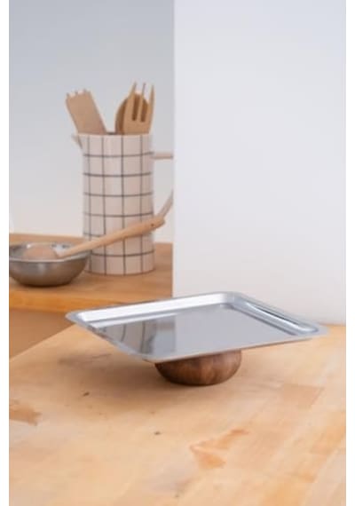 Şık 23 Cm Kare Çelik Ahşap Ayaklı Atıştırmalık, Tatlı, Peynir Sunum Tepsisi 15cm