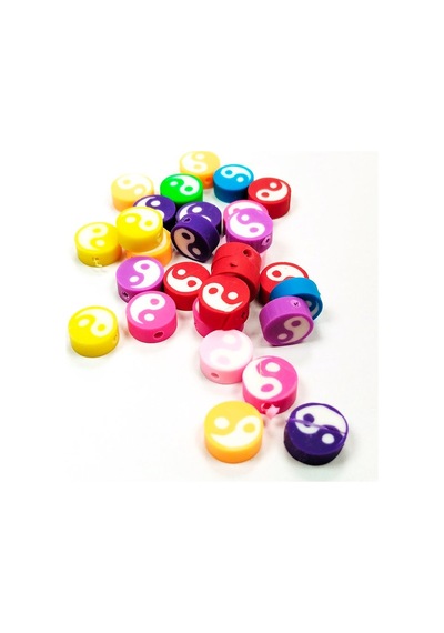 30 Adet 10 Mm Polimer Kil Fimo Boncuk Takı Bileklik + 1 Metre Lastikli Misina  - Renkli Yin Yang