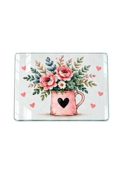 Gökçeoğlu Cam Kesme Tahtası Pembe Kupada Çiçek Temalı - Cam Kesme Tablası 20cm X 30cm Çok Renkli