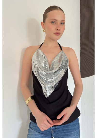 Verymoda Pullu Askılı Bluz D3079 Siyah Gümüş
