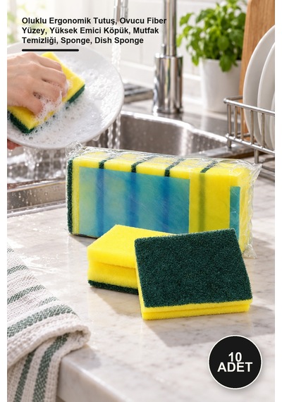 10 Adet Bulaşık Süngeri Oluklu Ergonomik Tutuş, Ovucu Fiber Yüzey, Yüksek Emici Köpük, Mutfak Temizliği, Sponge, Dish Sponge