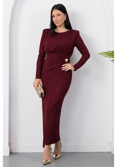 Kalopya Oval Yaka Uzun Kol Simli Elbise Grs4155 Bordo