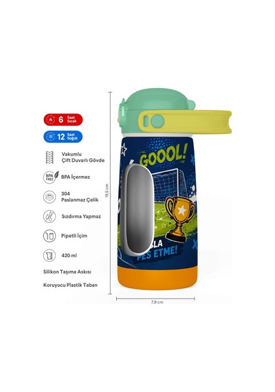 Puccon 420 Ml Erkek Çocuk Lacivert Yeşil Futbol Topu Baskılı Pipetli Çelik Okul Suluğu Matarası - 60029 Çok Renkli