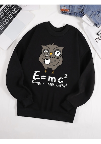 Startmore Tarzsokak Baykuş İçme Kahve Ve Geç Kalma Desen Erkek Kazak Sonbahar 0-boyun Kazak Hip Hop Giysileri Uni Siyah